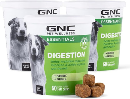 GNC Pets Essentials Dog Probiotic Soft Chews for Digestive Support, Bacon Flavor Daily Supplement with Prebiotics, Probiotics and Enzymes for Puppies and Adult Dogs in Reusable Jar, 60 Count - 3 Pack