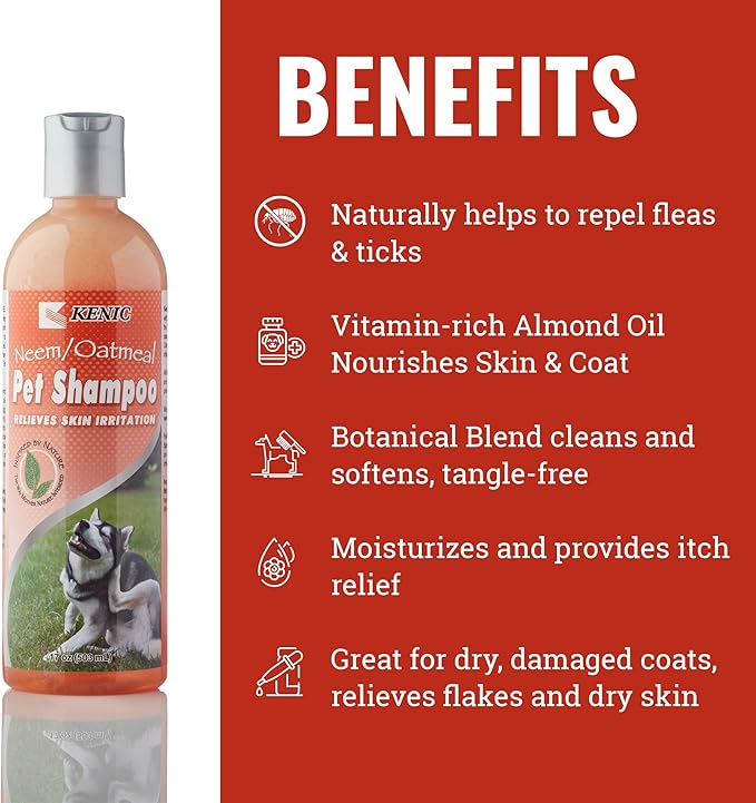 Kenic Neem Oatmeal Conditioning Dog & Cat Shampoo, Calming Relief for Itchy Skin with Natural Flea & Tick Support, Moisturizing Botanical Blend, Made in USA