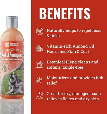 Kenic Neem Oatmeal Conditioning Dog & Cat Shampoo, Calming Relief for Itchy Skin with Natural Flea & Tick Support, Moisturizing Botanical Blend, Made in USA
