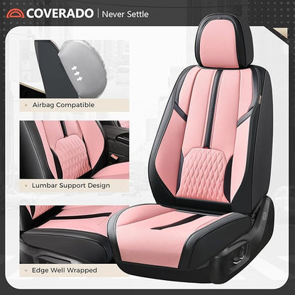 Coverado Seat Covers for Cars, Automotive Seat Covers for Front Seat, Leather Car Seat Covers, Waterproof Car Seat Protector, Universal Car Seat Cushions Fit for Most Cars SUV Trucks (Black&Pink)