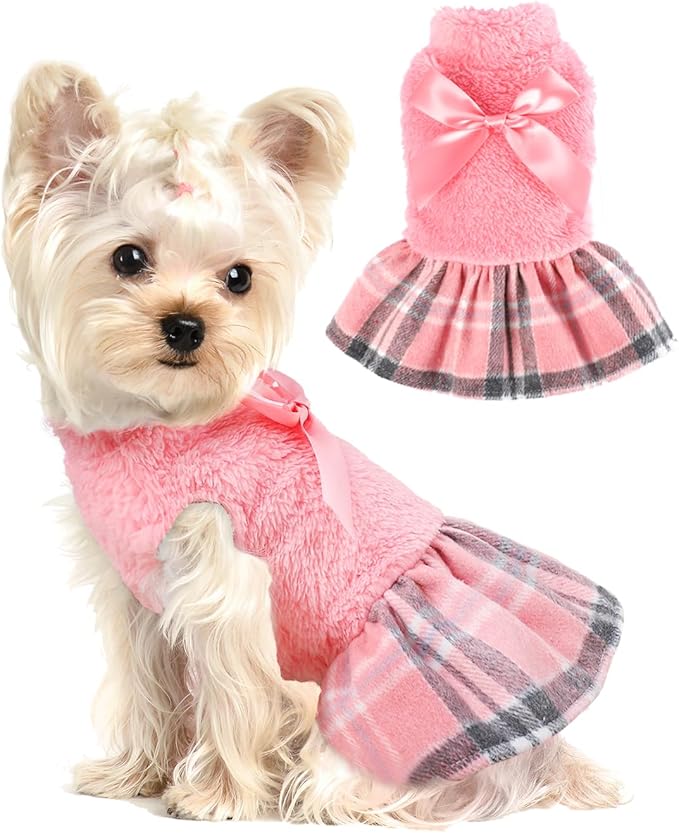 Yikeyo Fuzzy Dog Plaid Sweater Dress, Fall Winter Warm Female Dog Clothes for Small Dogs Girl, Pet Outfit, Cat Apparel (Small, Pink)