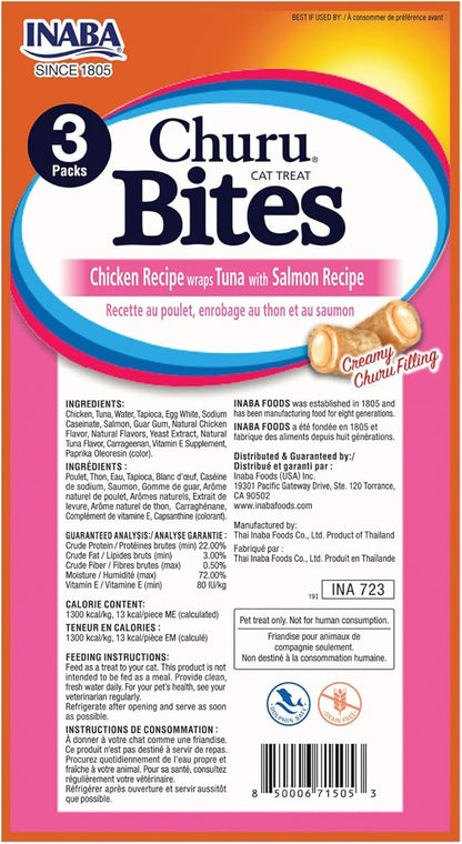 INABA Churu Bites for Cats,Soft Baked Chicken Churu Filled Cat Treats with Vitamin E,0.35 Ounces Each Tube,48 Tubes Total,Tuna with Salmon Recipe, 3 Count (Pack of 16)