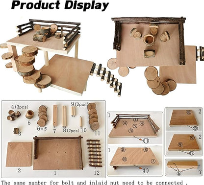 VolksRose Wooden Hamster Playground Platform, Hamster Climbing Toy, Natural Living Climb System, Small Animals Activity Set with Ladder Food Bowl Ramp Bridge for Mouse Gerbil Rat Chinchilla