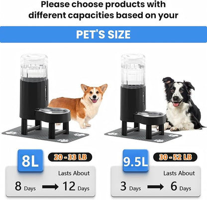 CZPET Elevated Dog Water Bowl Dispenser 8L (8L+Stand+Mat, Black) | With Stainless Steel Bowl Gravity Waterer, Large Capacity and Drinking Area Noise-Free for Pets