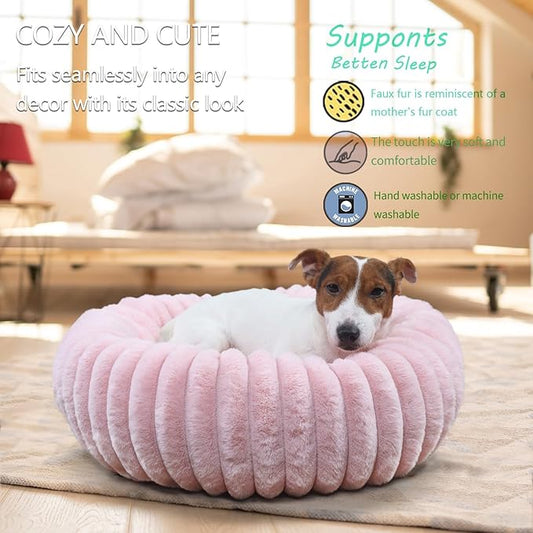 Donut Small Dog Bed Washable Cute Puppy Beds with Corduroy Fleece & Anti Slip Bottom, Round Faux Fur Pet Snuggle Beds for Large Cat, Pink, Small Breed 23x23x5.5 inches