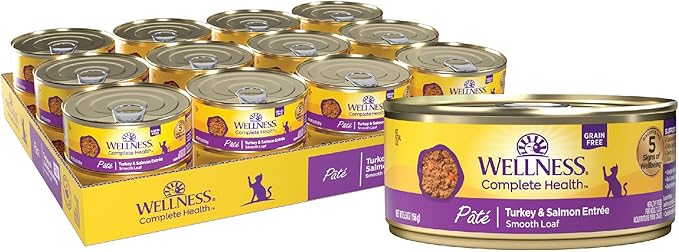 Wellness Complete Health Pate Adult Canned Wet Cat Food, Natural, Protein Rich, Grain Free, Turkey and Salmon Entrée Recipe, 5.5 oz, Pack of 24 Cans