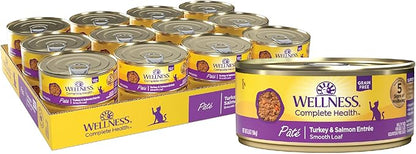 Wellness Complete Health Pate Adult Canned Wet Cat Food, Natural, Protein Rich, Grain Free, Turkey and Salmon Entrée Recipe, 5.5 oz, Pack of 24 Cans