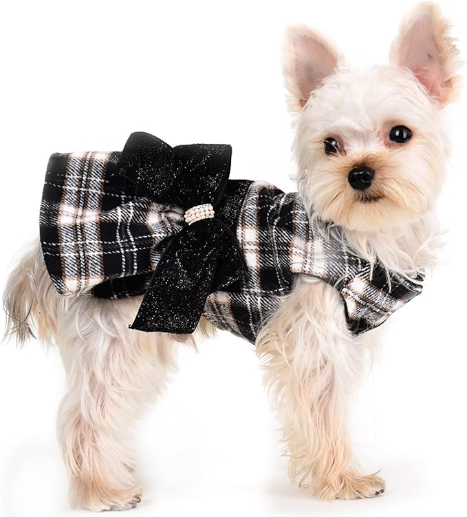 Yikeyo Dog Sweater Dress,Dog Dress for Small Dogs Girl, Plaid Winter Warm Fleece Lining Female Clothes, Pet Outfits Coat, Cat Apparel Christmas,Small,Black