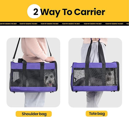Conlun Cat Carrier Airline Approved, Soft-Sided Dog Carrier with Inner Safety Leash, Pet Transport Carrier for Small-Medium Cats Puppies up to 15 Lbs, Collapsible Travel Kitten Carrier Bag -Purple M