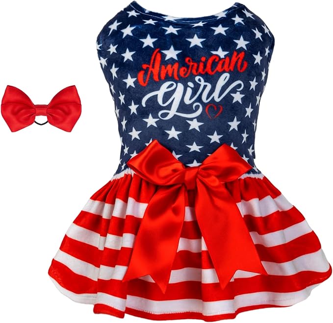 CuteBone Dog Dresses Velvet 4th of July Small Dogs Clothes Onesie Pet Apparel Girl Puppy Skirt with Bow Hair Rope CVA39S-D