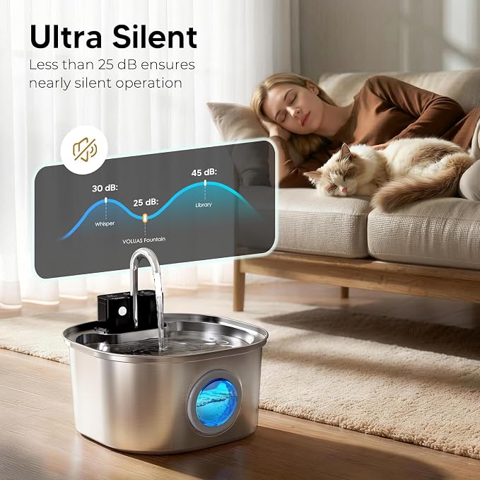 Voluas Stainless Steel Cat Water Fountain, Wireless, 108oz/3.2L, 4 Filter | Cordless Design, Ultra-Quiet Pump, Easy to Clean, BPA-Free