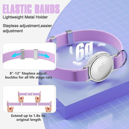 AirTag Cat Collar, Elastic Tracker Collar with Airtag Holder and Bell | Compatible with Apple Air Tag, Lightweight & Scratch Resistant, Adjustable Stepless GPS Pet Collar for Cats Kittens, Purple