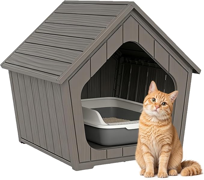 Cat Litter Box Enclosure, Hidden Covered Litter Box Furniture with Air Holes, Resin Outdoor Cat House Weatherproof, Wide Opening Design for Easy Cleaning, Grey