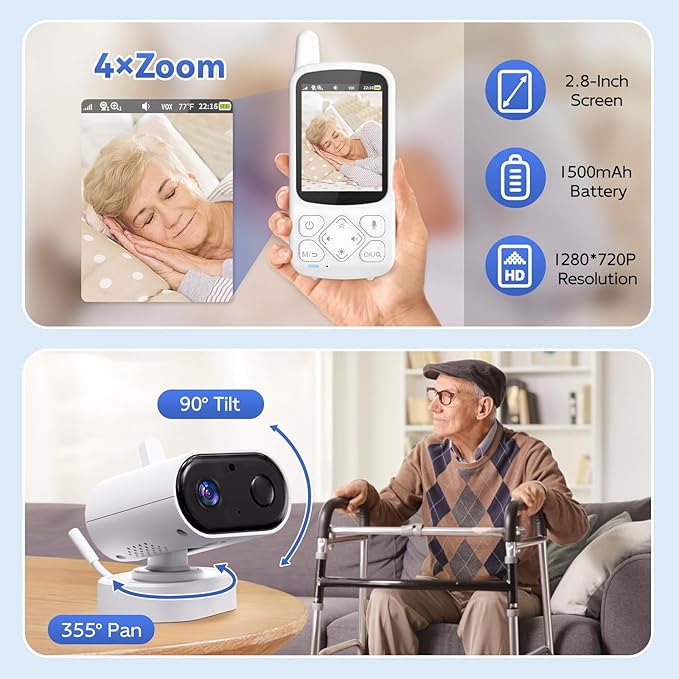 Room Monitors for Elderly Monitor with Camera And Audio, 2-Way Talk Baby Monitors for Elderly, Med Reminder and Temp Sensor Senior Monitor for Adult, No Wifi/App Caregivers Cameras for Senior