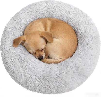 Calming Donut Dog Beds for Small Dogs Cats - Washable Removable Cover Non-Slip Bottom, Round Pet Bed Puppy Bed Warming Fluffy Faux Fur Anti-Anxiety, Fits up to 25 lbs (Light Grey, 23")