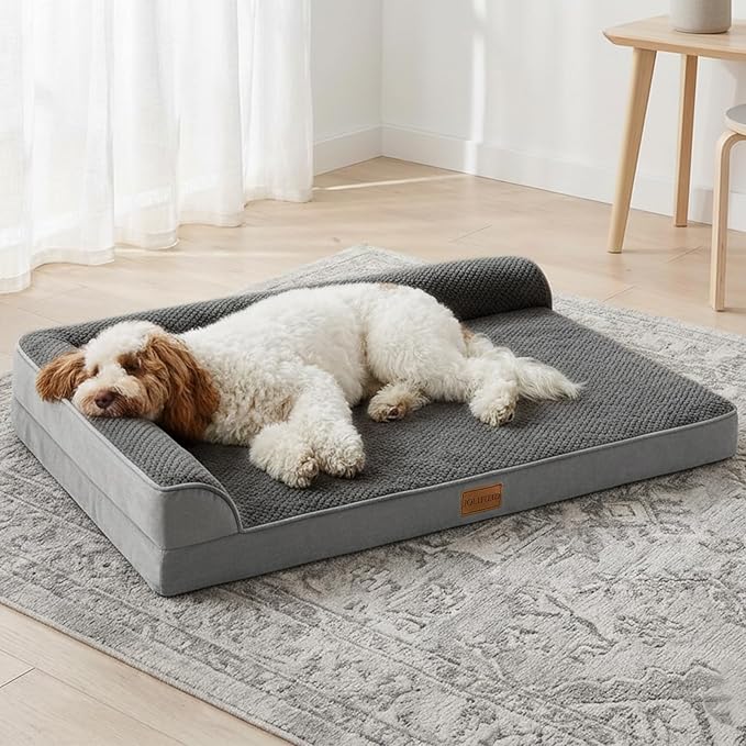Orthopedic XL Dog Bed Large Sized Dog 48''X30'', Waterproof L Bolster Extra Large Egg Crate Foam Pet Crate Beds with Washable Removable Cover, Non-Slip Soft Pet Couch Mat, Grey