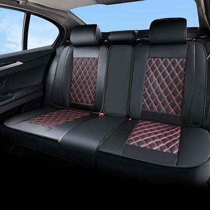 Huidasource Rear Bench Car Seat Covers, Split Back Leather Seat Cover Velcro Adjustable, Compatible with Armrests, Seat Belts, Child Safety Seats, Fit for Most Cars SUVs Trucks (Back Row/Black&Red)