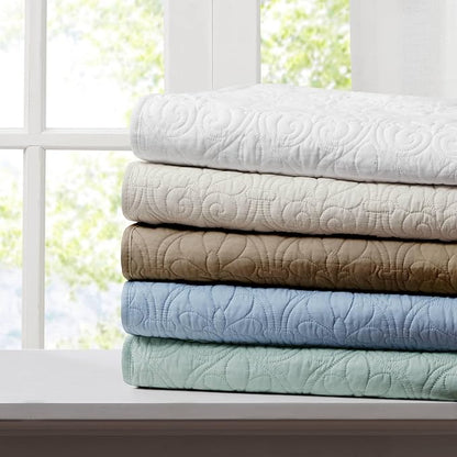 Madison Park Throw Blanket - Reversible Damask Quilting Design, Soft Pre-washed Microfiber, Cotton Filled Spread, Cozy Summer Blanket - Throw for Living Room Couch, Sofa, Bed, Quebec, 60x70", Khaki