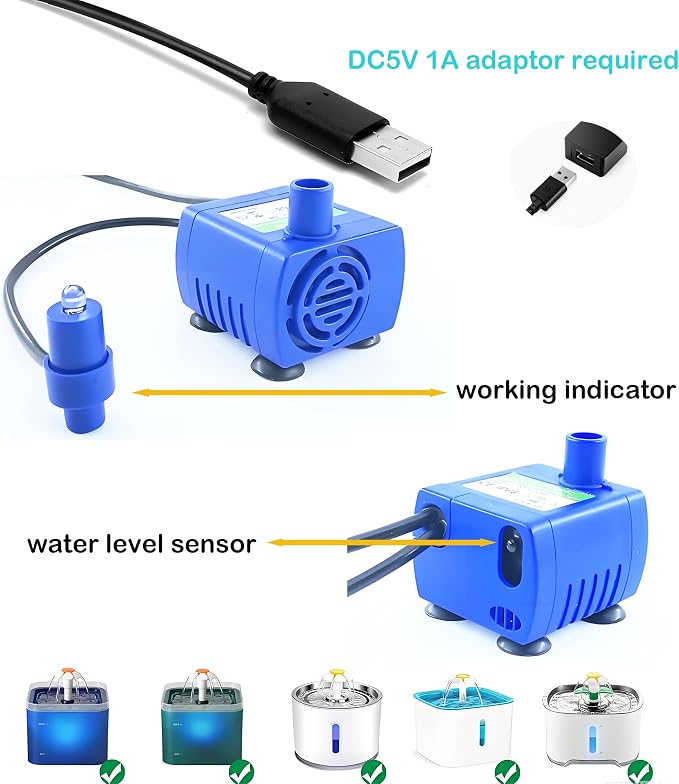 Cat Water Fountain Replacement Pump for DR-DC160 | IP68 Stainless Steel Submersible Pump, Quiet Design & Auto Shutoff Sensor for Pet Automatic Drinking Dispenser