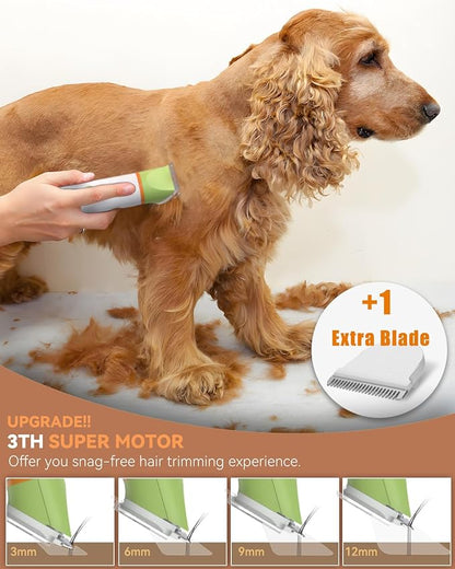 unibono Dog Grooming Kit with Paw Trimmer, All-in-One Low Noise Electric Rechargeable Small Quiet Pet Clippers Foot Dog Hair Shaver with Stainless Steel Scissors and Comb for Dogs at Home (Green)