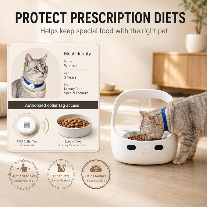 Smart Pet Feeder RFID Bluetooth, Wet & Dry Food Compatible, 400ML Capacity | RFID Cat Feeder, Multi-Cat Feeding, Wet & Dry Food Bowl, Dual Ice Packs, Portion Control, Removable Bowl