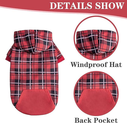 EXPAWLORER Plaid Dog Hoodie - British Style Warm Dog Sweater Shirt with Leash Hole,Pitbull Clothes Outfits,Winter Coat Apparel for All Breeds Puppy Girl Boy-Cat Apparel,Red Medium
