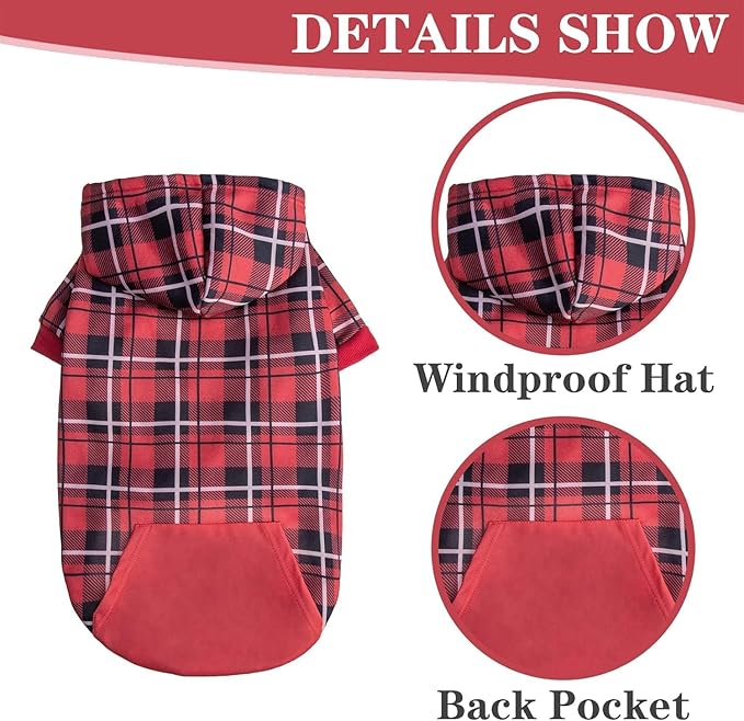 EXPAWLORER Plaid Dog Hoodie - British Style Warm Dog Sweater Shirt with Leash Hole,Pitbull Clothes Outfits,Winter Coat Apparel for All Breeds Puppy Girl Boy-Cat Apparel,Red Large