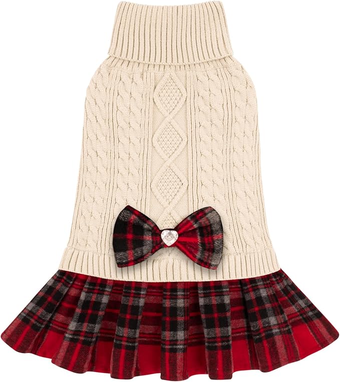 KYEESE Dog Sweater Stretchy Cat Sweaters Knitwear Dog Sweaters for Small Dogs Girl Soft Turtleneck Pet Sweater Dress Warm Pullover Pet Coats Thick Dogs Clothes with Bowtie for Cold Weather Winter