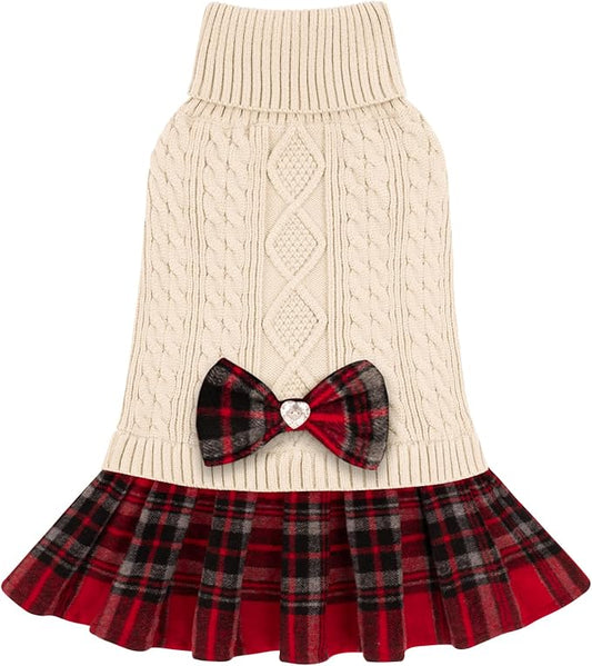 KYEESE Dog Sweater Knitwear Puppy Sweater Dress Stretchy Pullover Cat Sweaters Thick Pet Coats with Bowtie Warm Turtleneck Dogs Clothes Soft Dog Sweaters for Small Dogs Girl for Cold Weather Winter