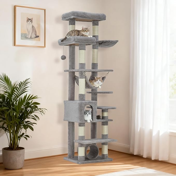 74" Tall Cat Tree,Large Cat Tree for Big Cats,Cat Tower with Scratching Posts, Condo, Perches, Hammock, Tunnel & Feeding Station,Deep Gray