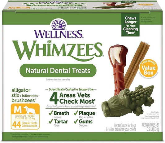 Wellness WHIMZEES Value Pack Dog Dental Treat, Chews, Freshens Breath, Medium Size, 46.6 oz Box, 44 Count