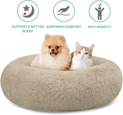 SAVFOX 30 inches Calming Donut Dog Bed - 3X Durable Plush Faux Fur, Machine Washable & Non-Slip, Fits up to 45 lbs, Beige