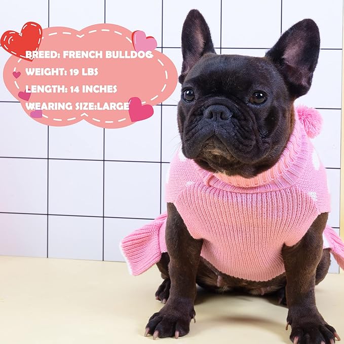 KYEESE Valentines Dog Sweater Dress, Warm Dog Sweaters for Small Dogs Girl Cats Dogs Clothes, Pullover Cozy Knit Pet Appare with Leash Hole, Pink Dot, S
