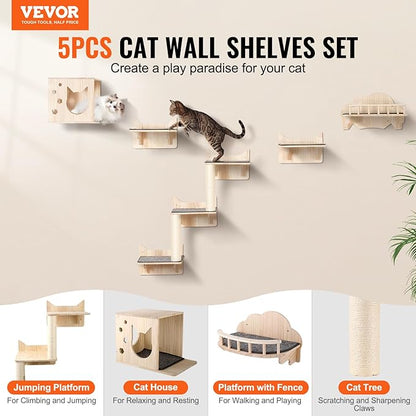 VEVOR Wall Mounted Cat Shelves and Perches with Jumping Boards, Nest, Barrier Board & Tree, Floating Furniture up to 40 lbs for Sleeping, Playing, Climbing, Set of 5