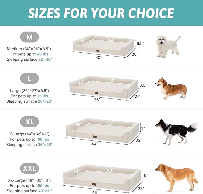 COZY KISS Dog Beds for Extra Large Dog, XXL Bolster Pet Couch with Waterproof Lining, Egg Crate Foam Sofa for Pets Up to 150 lbs, U-Shaped, 48x35x8 inch, Beige