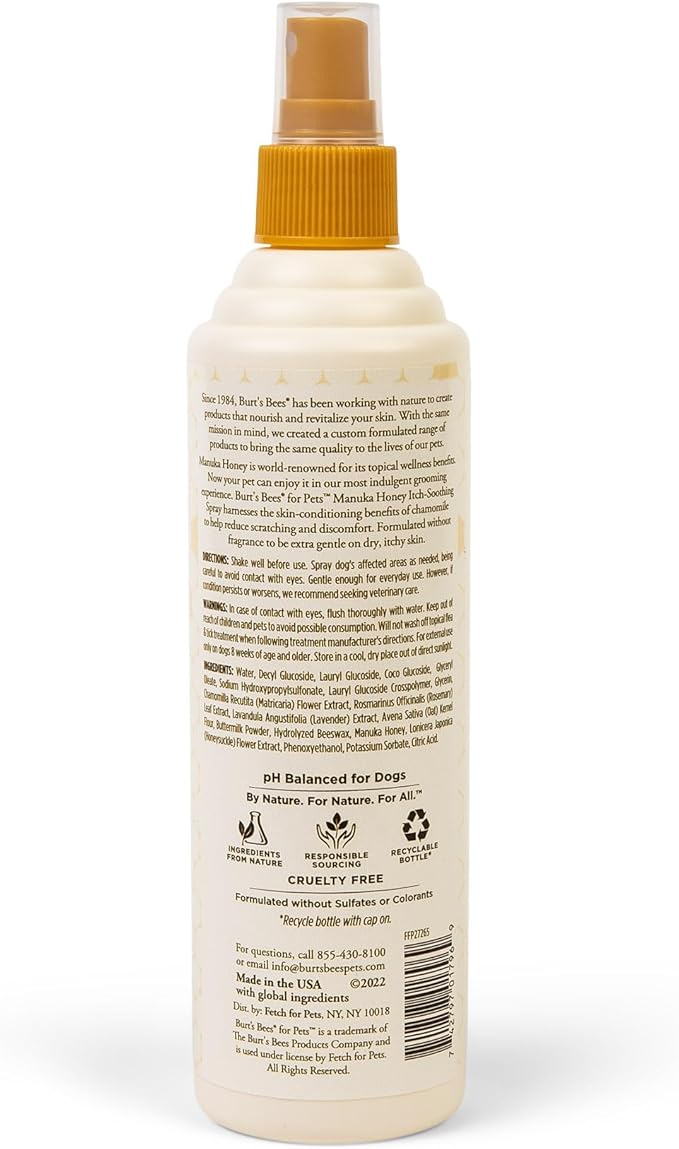 Burt’s Bees for Pets Itch Spray with Manuka Honey and Chamomile for Dogs - Naturally Derived Ingredients, Formulated Without Artificial Fragrances, Sulfates, Colorants, 10 Fl Oz