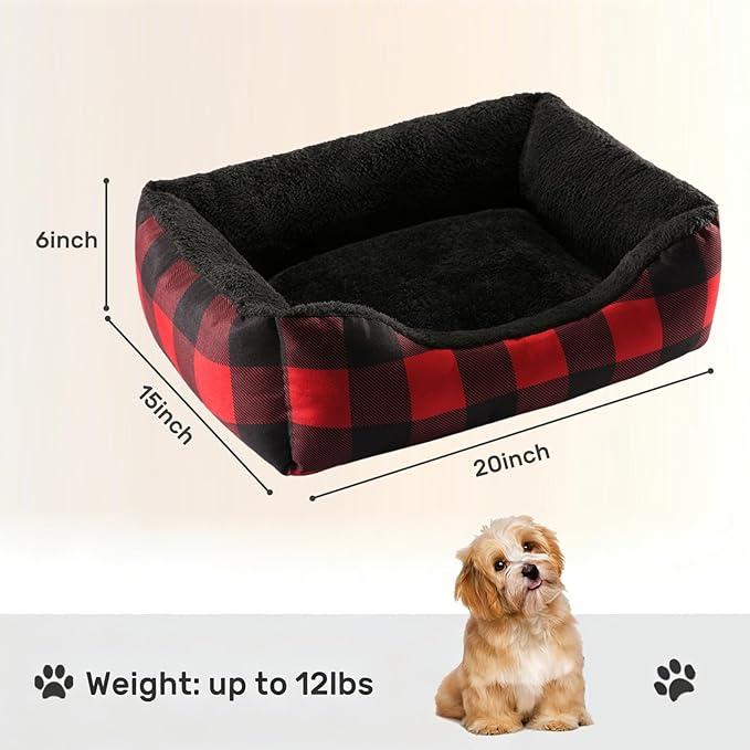 Hollypet Printed Flannel Rectangle Plush Dog Cat Bed Self-Warming Pet Bed, Red Checked