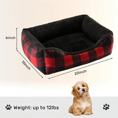 Hollypet Printed Flannel Rectangle Plush Dog Cat Bed Self-Warming Pet Bed, Red Checked