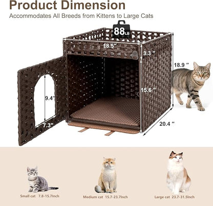 Handwoven Rattan Cat Litter Box Enclosure Furniture - Hidden Cabinet with Odor-Control Mat, Anti-Spill Fence & Secure S-Hooks for Living Room/Bedroom, 18.2"x18.2"x24.5" (Brown)
