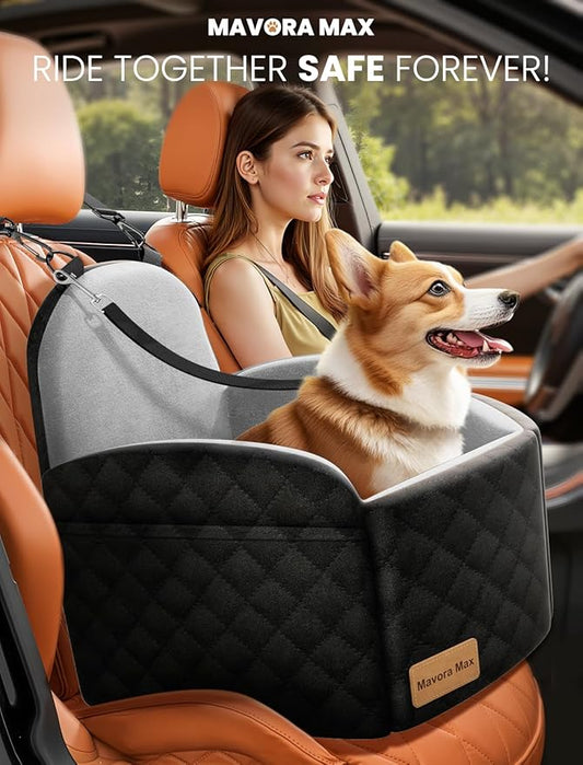 Dog Car Seat for Small/Medium Dogs, Memory Foam Puppy Car Seat Elevated Dog Booster Seat Up to 35 lbs, Fully Detachable Washable, Travel Safety Pet Car Seat with Storage Pockets (Black/Grey)