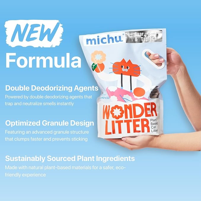 Michu Wonder Cat Litter, Cassava Plant-Based Cat Litter, Automatic Litter Box Friendly, Flushable & Fast Clumping, Low Dust Odor Control, 5.5lb/88oz - Lemon Tea 3 Pack