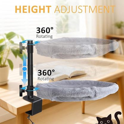 Topmart Double-Deck Cat Desk Bed with 360° Rotating & Adjustable Height, Cat Hammock for Desk with 4 Washable Pads, Kittens Bed for Desk Attachment for Home Office,Up to 45LBS, Grey & Black