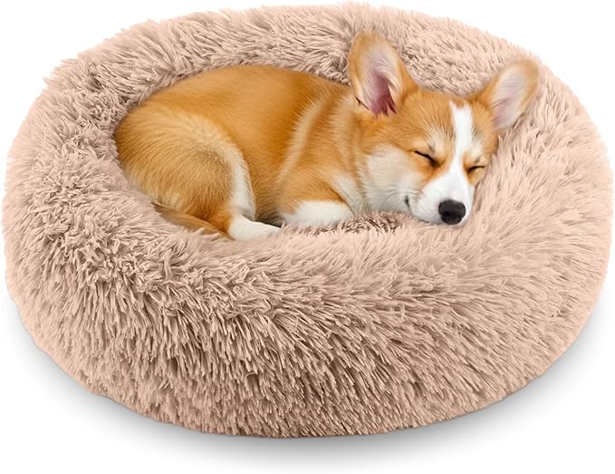 Calming Anti-Anxiety Donuts Dog And Cat Bed, Round Fluffy Soft Washable Large Pet Bed For Puppy And Kitten, Cuddler Warming Comfortable Cushion, Luxury Anti-Slip Waterproof Mute Base 32in Camel