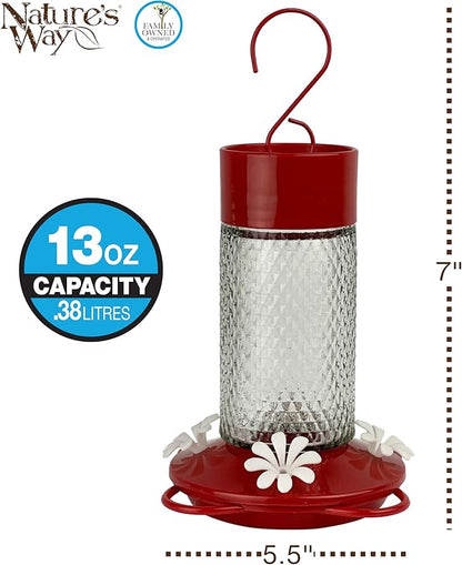 Nature's Way Hanging Glass Hummingbird Feeder for Outdoor Décor, 13 Ounce Capacity Nectar Feeder, Ant Moat, 4 Easy to Clean Flexible Ports, Red