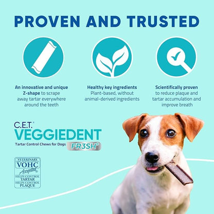 Virbac C.E.T.® VEGGIEDENT® FR3SH® Tartar Control Chews for Dogs with digestive health support, VOHC Approved, Medium 22-66lbs