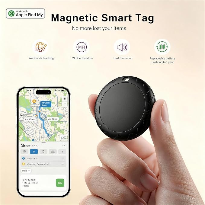 GPS Tracker for Dogs/Cat（2026 MFi Certified - Long Standby）Smart Collar with Real-Time Location - Pet Location Tracker with Holder, No Monthly Fee/No SIM Card,Works with iOS Find My,Ultra-Slim,IP68-W