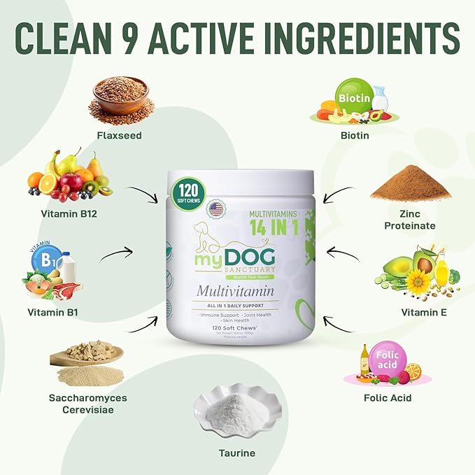 14 in 1- Multivitamin for Dogs 120 Chews - Daily Support for Active & Aging Dogs Supplies/Vitamin A, D3, E, C, and B-Complex for Joint, Skin, Coat, Immune - Dog Multivitamin, Bacon