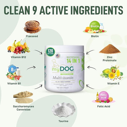 14 in 1- Multivitamin for Dogs 120 Chews - Daily Support for Active & Aging Dogs Supplies/Vitamin A, D3, E, C, and B-Complex for Joint, Skin, Coat, Immune - Dog Multivitamin, Bacon
