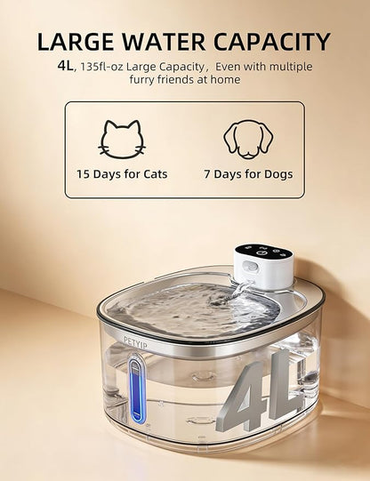 Wireless Cat Water Fountain,Stainless Steel,135 fl oz/4L Battery Powered Automatic Pet Water Dispenser, Cordless Design,Drinking Fountain for Cats, Dogs & Indoor (Cat Fountain+2 Filter)
