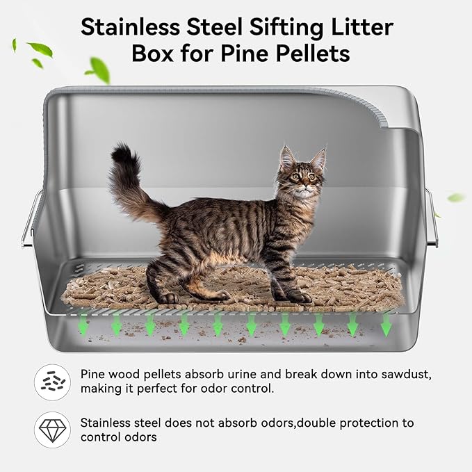 All Stainless Steel Sifting Litter Box for Pine Pellets,Sifting Cat Litter Box with Lid,High Sides Metal Sifter Litter Pan System for Big Cats,Odor Control,Easy to Clean